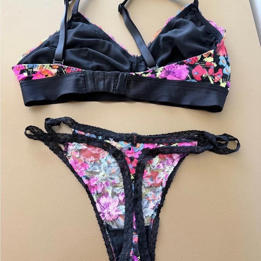 Floral Multicolor Padded Bralette with Black Trim and Panties Matching set